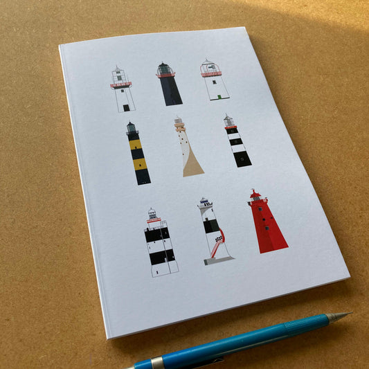 Notebook cover displaying 9 lighthouses around the Irish coast.