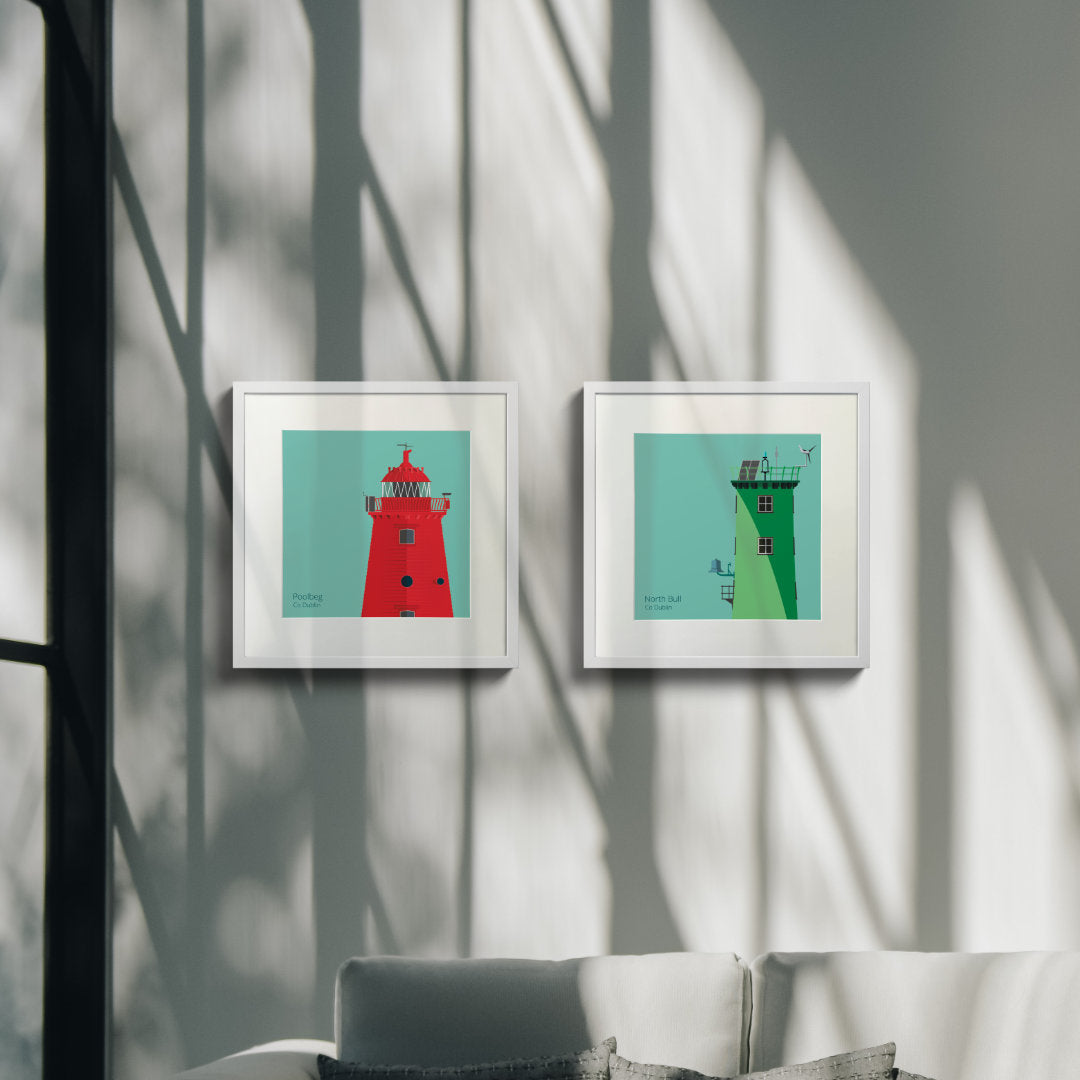 North Bull and Poolbeg lighthouse wall art hanging by a window in a modern interior