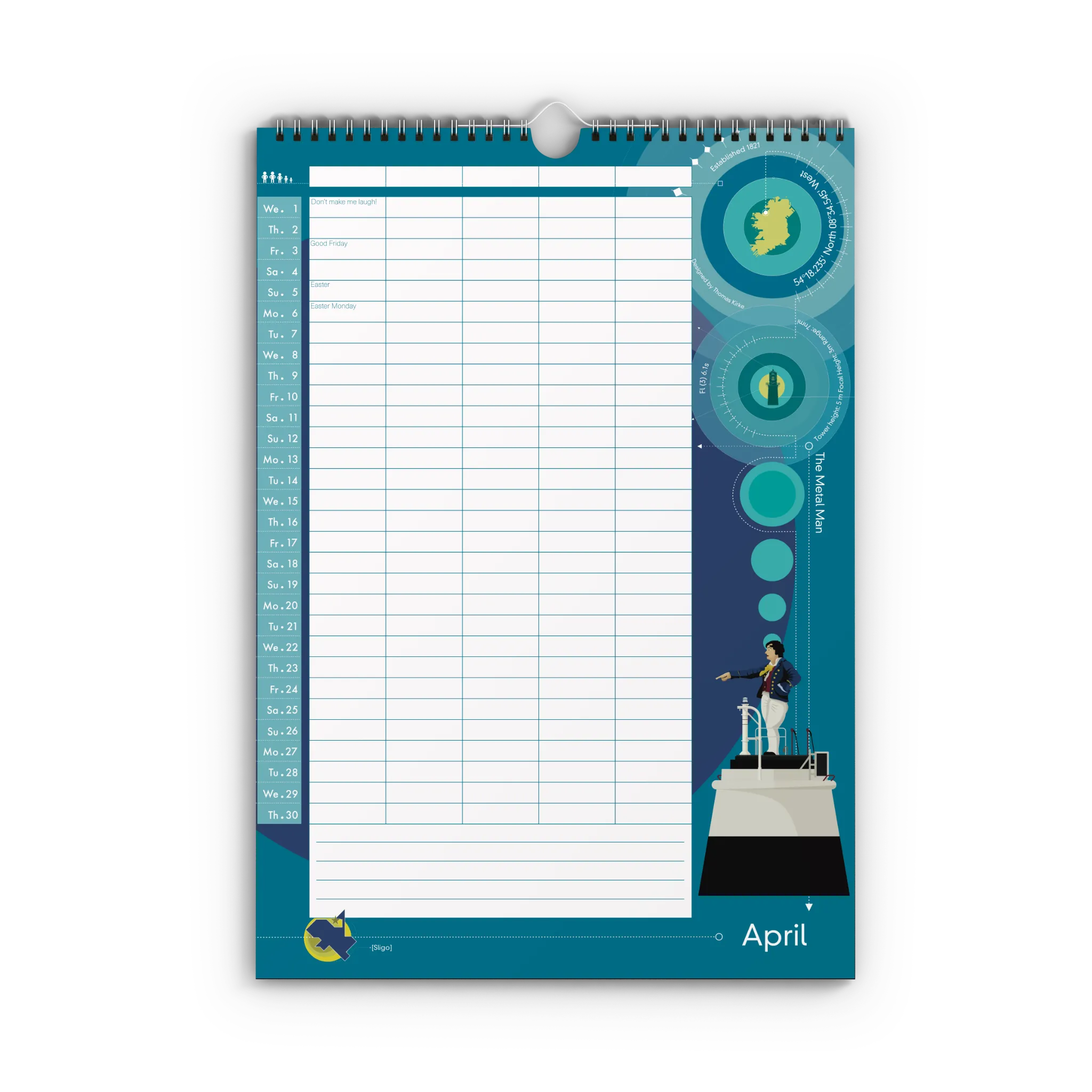 Calendar with a design of the metal man lighthouse and decorative elements on a blue background
