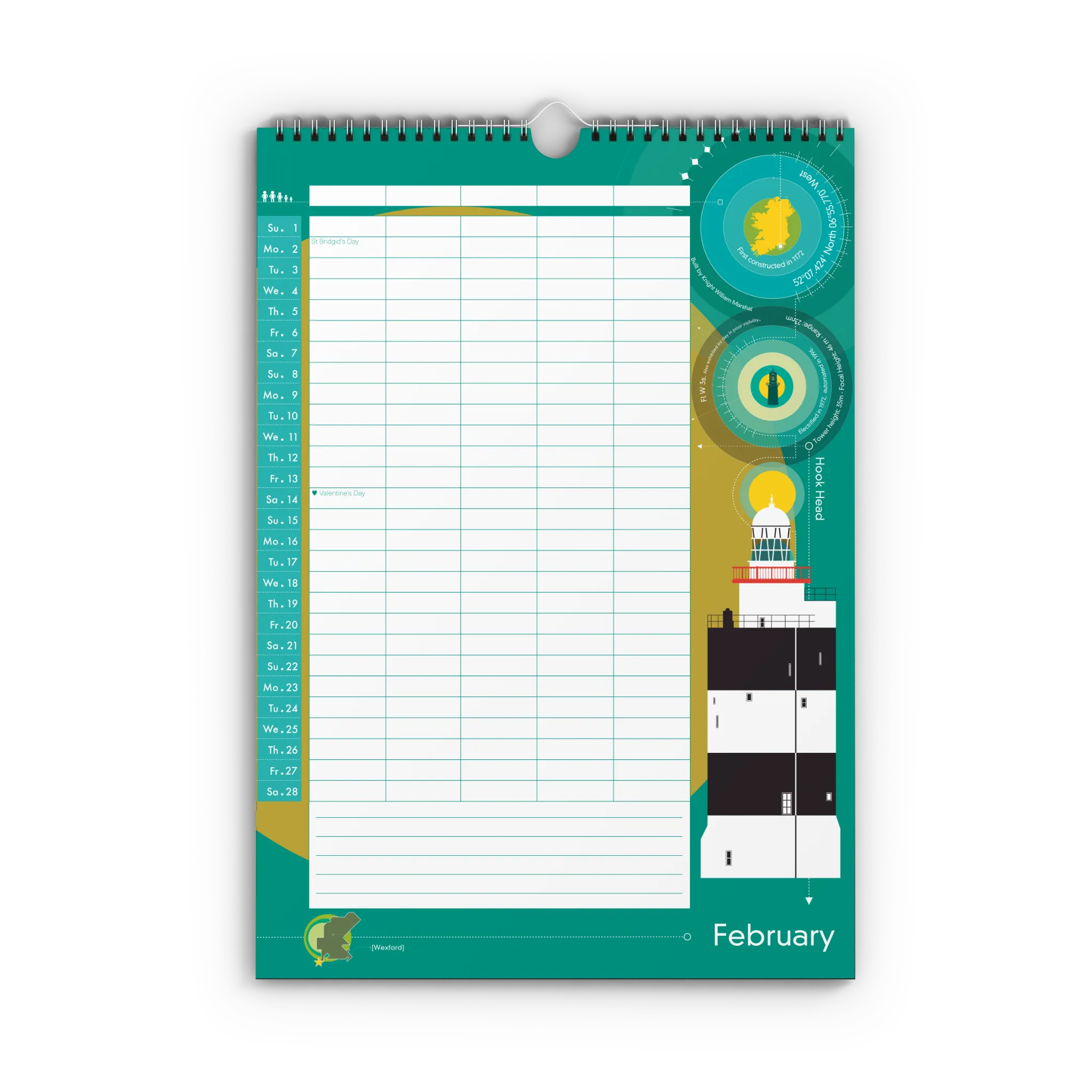 Calendar with a lighthouse design on a blue-green background