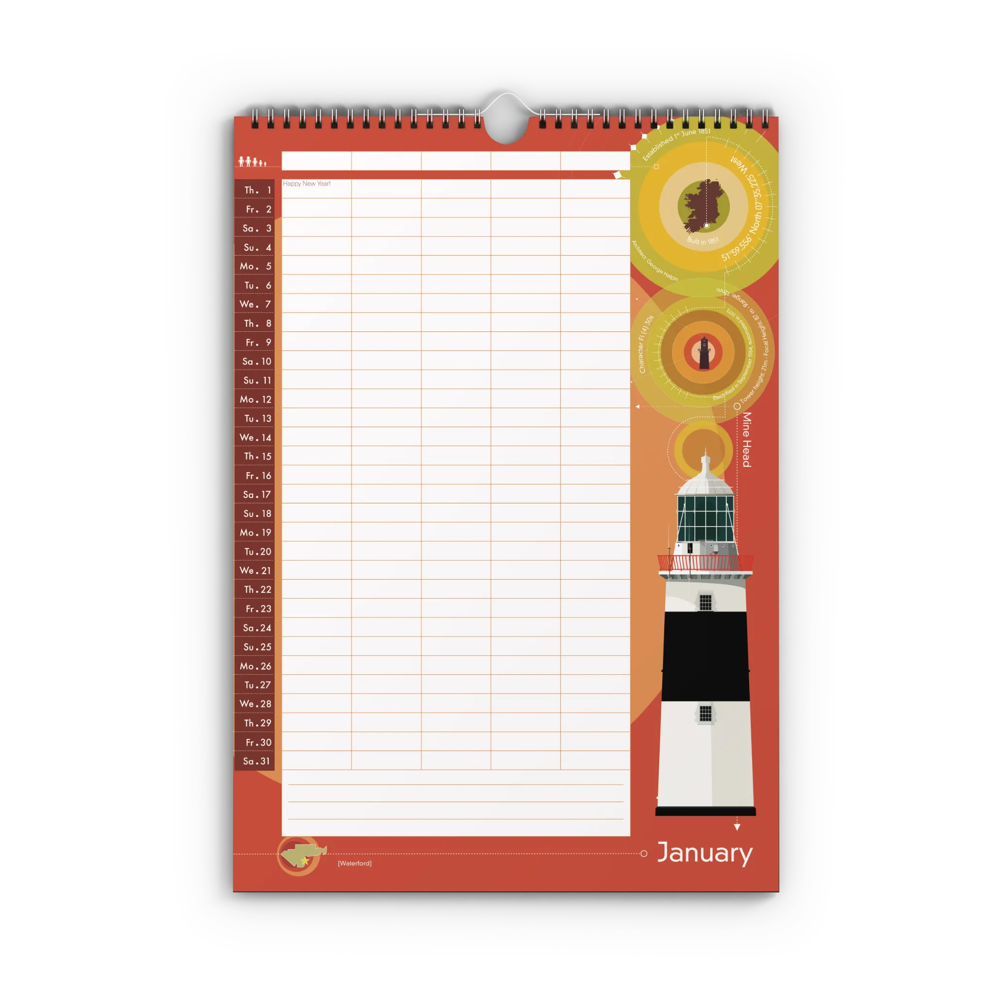Wall calendar with a lighthouse design on an orange background