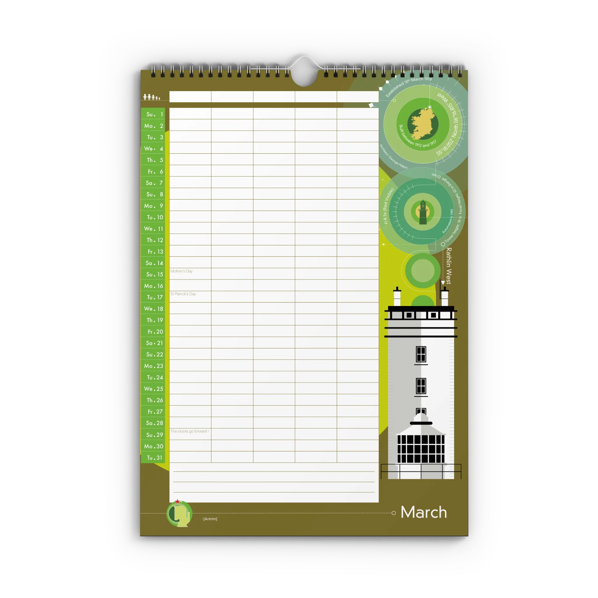Monthly planner with a green and white design on a green background