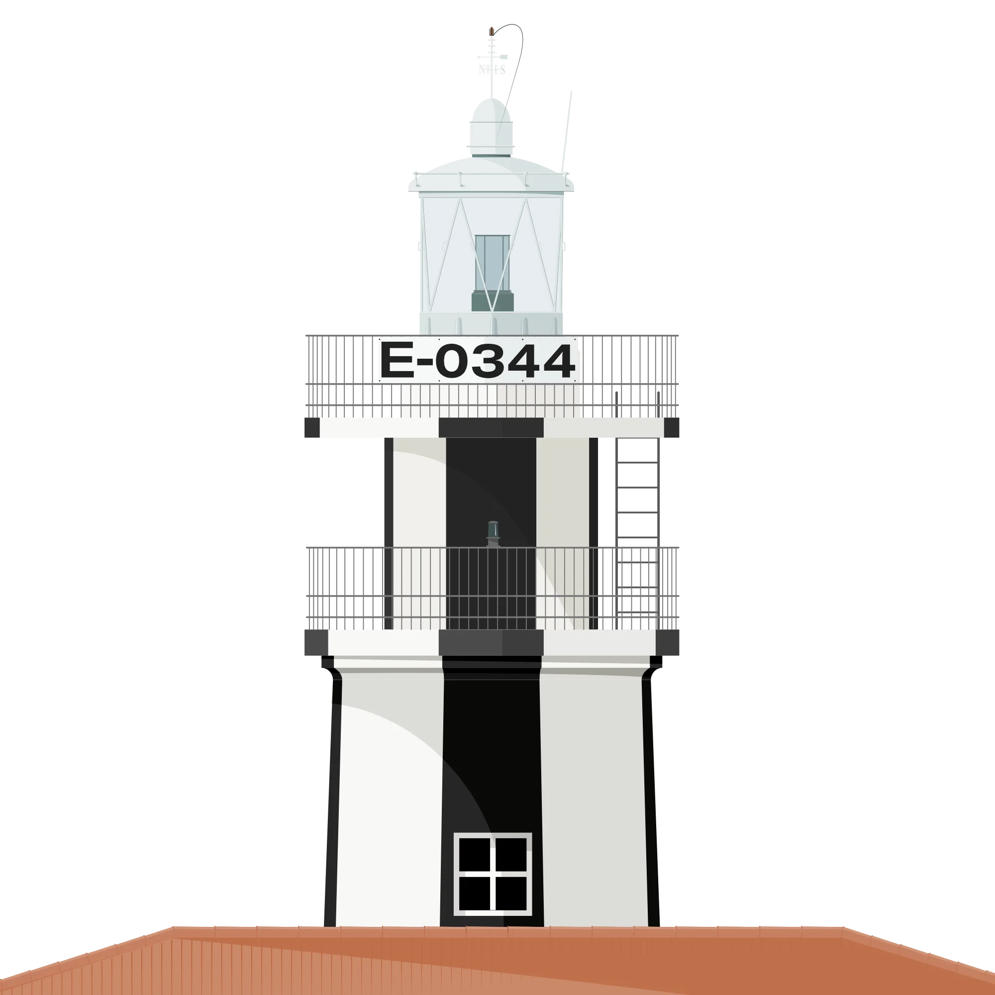 Detail of white lighthouse tower with black vertical stripes.