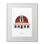 Menorcan lighthouse with white tower and vertical black stripes in front of a green circular background.