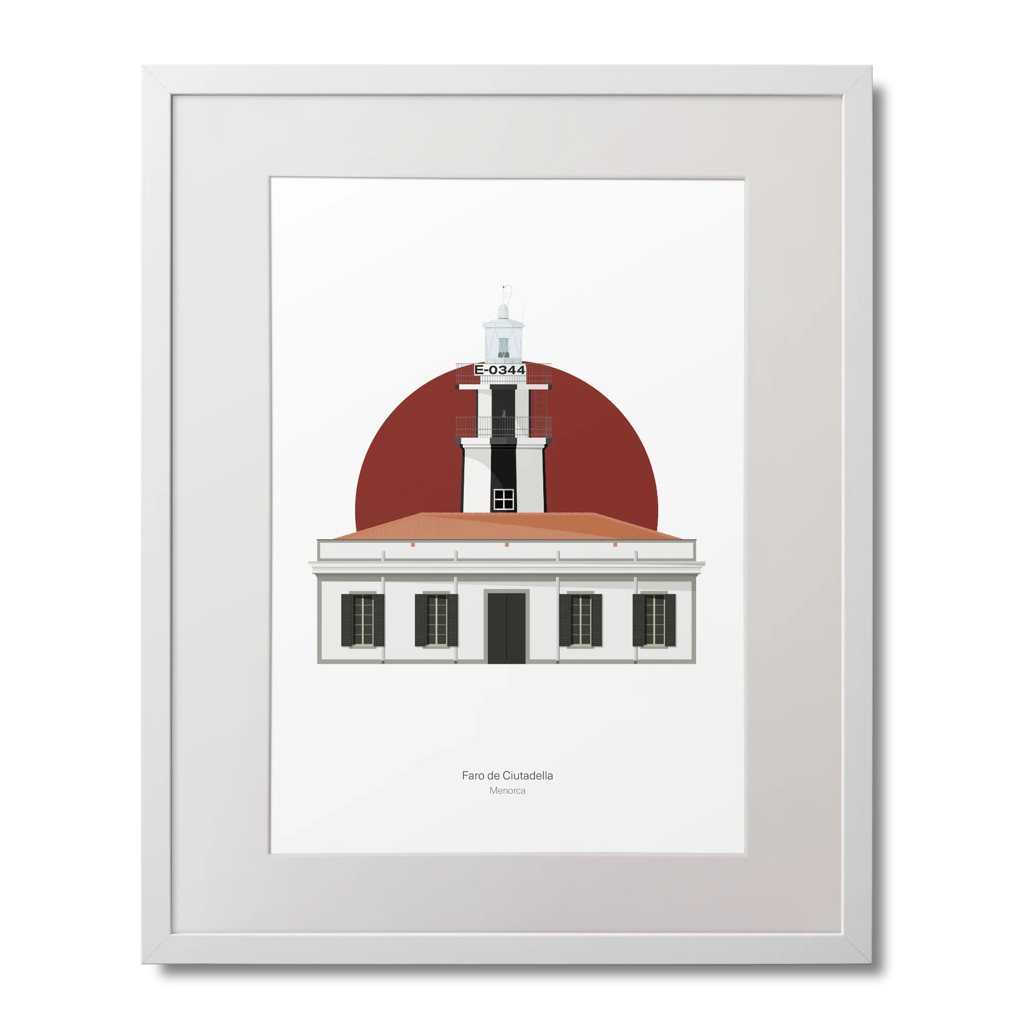 Menorcan lighthouse with white tower and vertical black stripes in front of a green circular background.