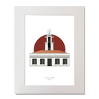 Spanish lighthouse on Menorca with white tower and vertical black stripes in front of a green circular background.