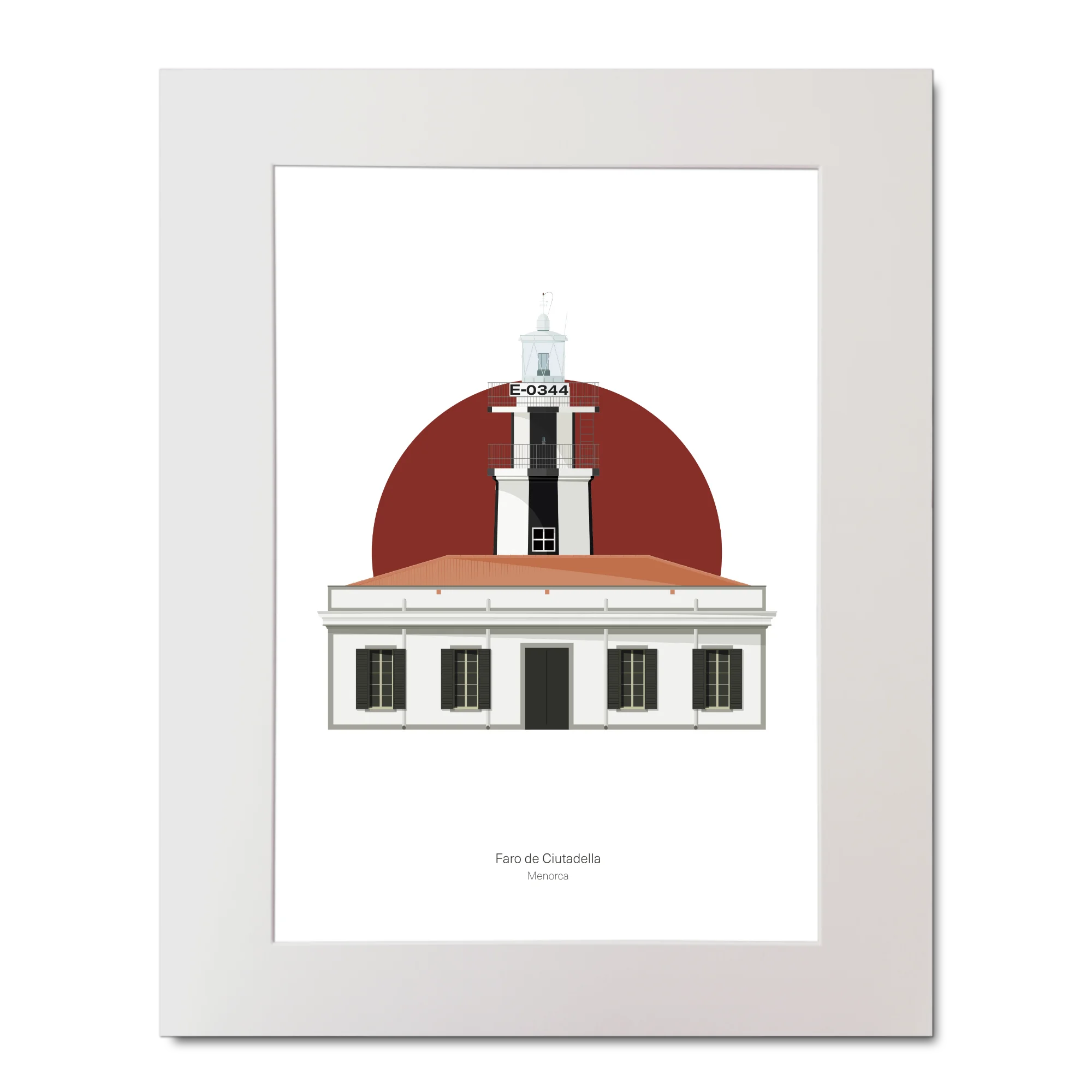 Spanish lighthouse on Menorca with white tower and vertical black stripes in front of a green circular background.