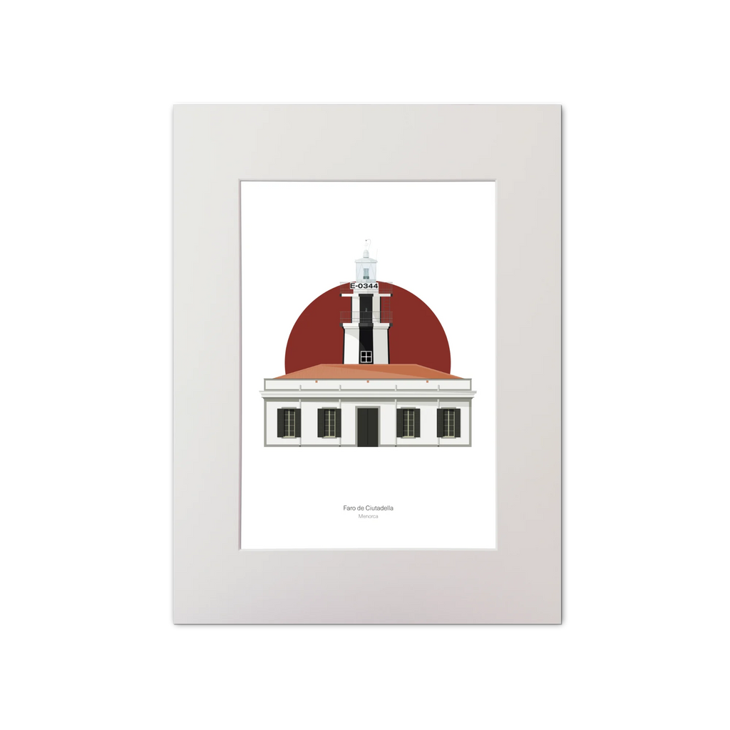 Spanish lighthouse with white tower and vertical black stripes sitting on top of a building.