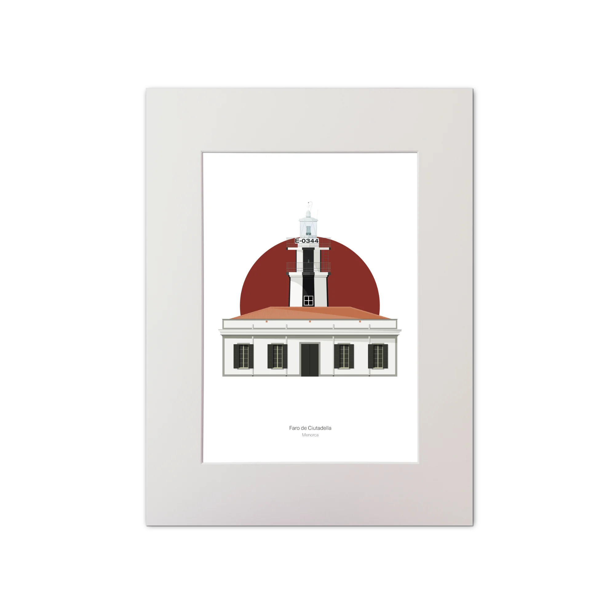 Spanish lighthouse with white tower and vertical black stripes sitting on top of a building.