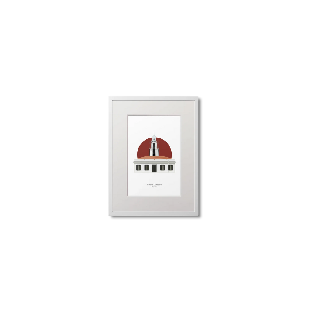 Spanish lighthouse on Menroca with white tower and vertical black stripes in front of a green circular background.