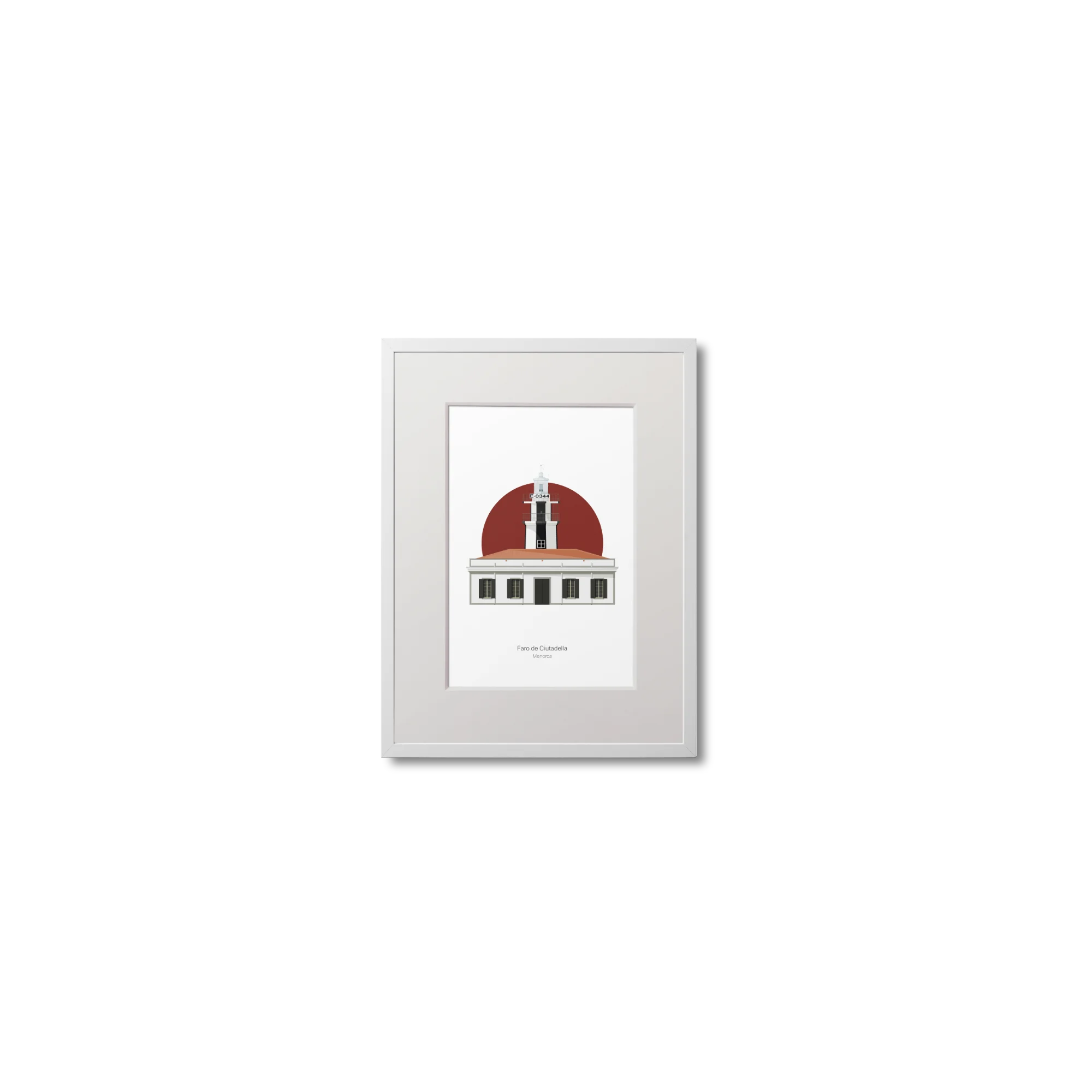 Spanish lighthouse on Menroca with white tower and vertical black stripes in front of a green circular background.