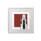 Framed artwork of a lighthouse with black vertical stripes and letters E-0344 on the balcony on a red background