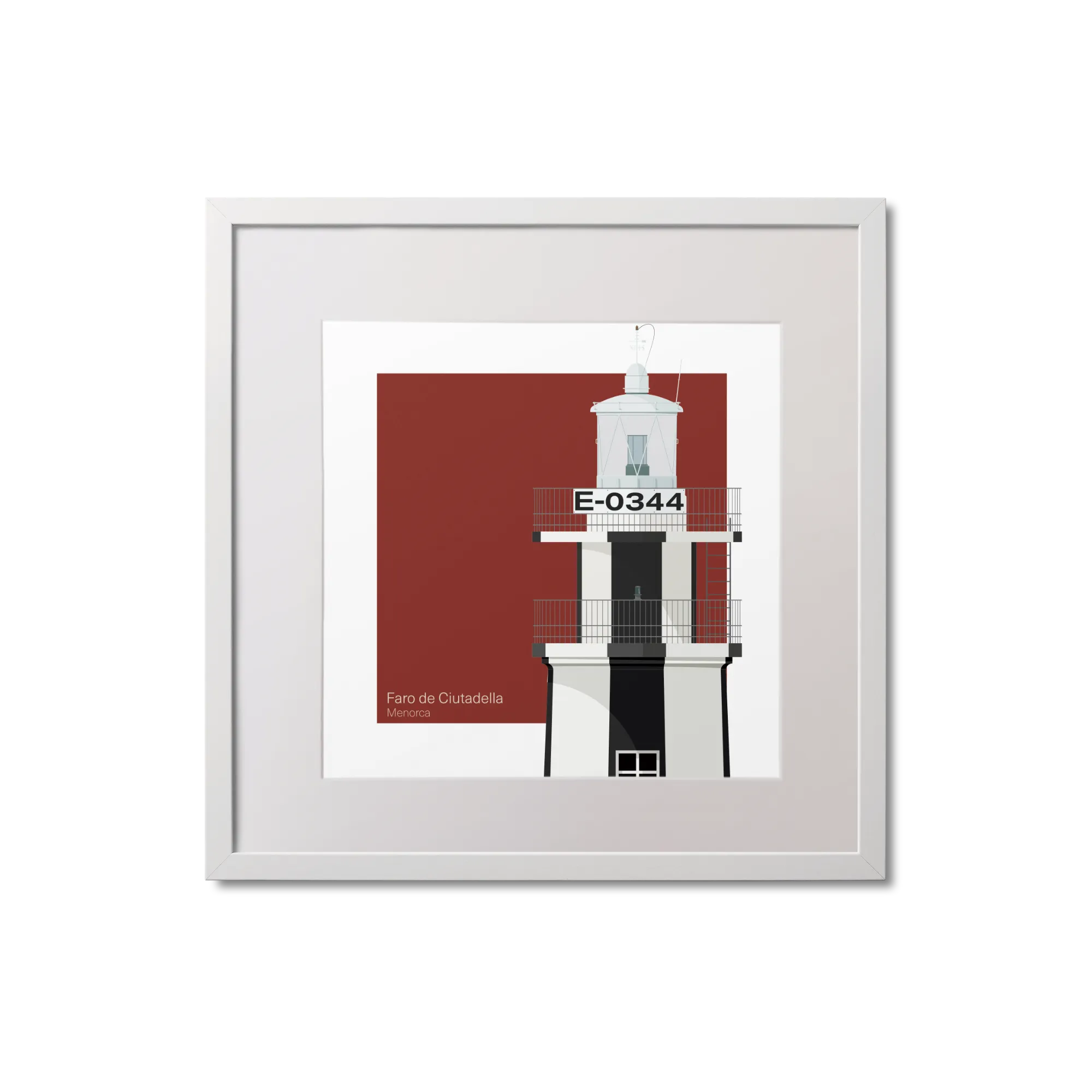 Framed artwork of a lighthouse with black vertical stripes and letters E-0344 on the balcony on a red background