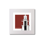 Framed 
iIllustration of a lighthouse with 'E-0344’  and black vertical strpes on a red background