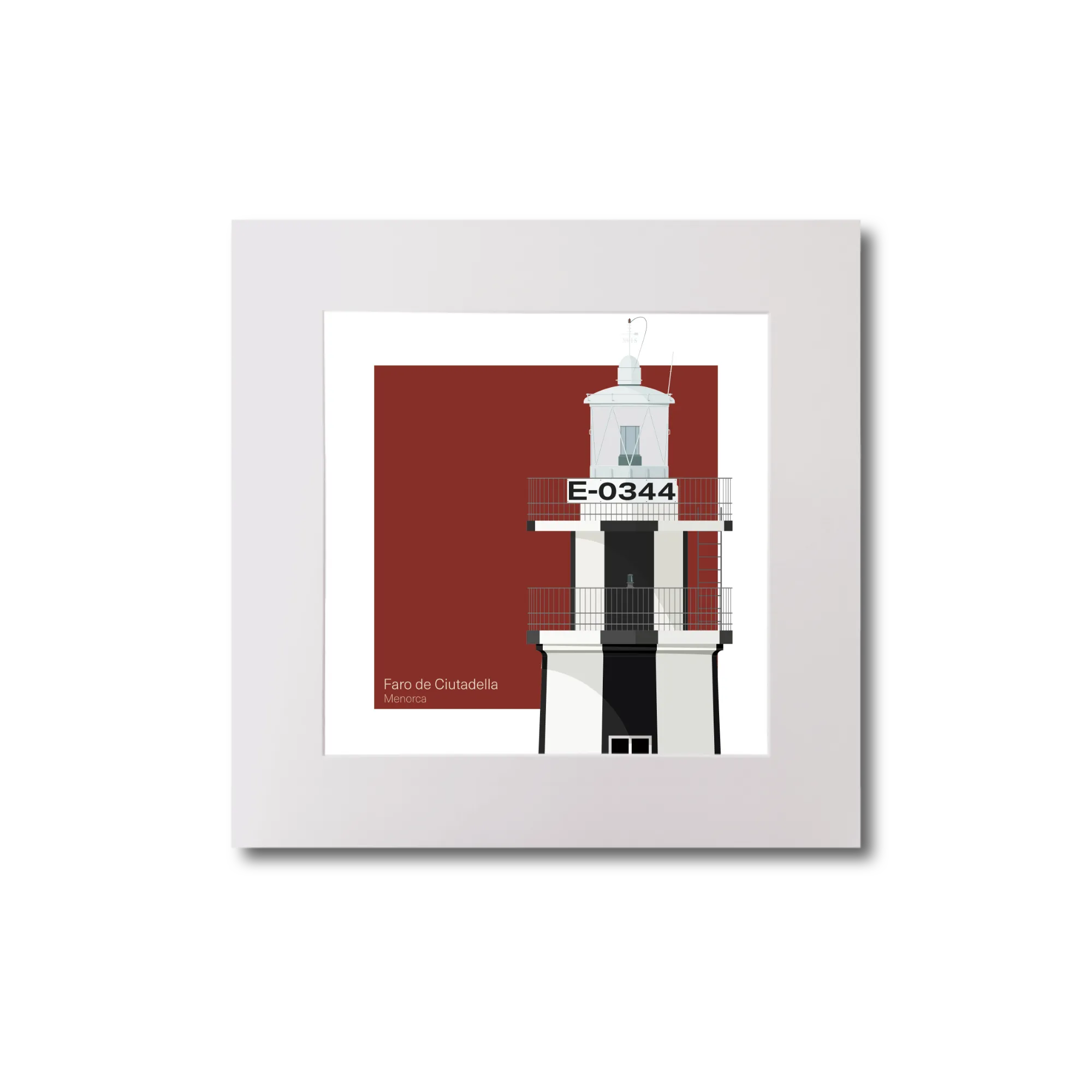 Framed 
iIllustration of a lighthouse with 'E-0344’  and black vertical strpes on a red background