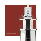 Illustration of a lighthouse with 'E-0344’  and black vertical strpes on a red background
