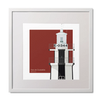 Framed artwork of a lighthouse with 'E-0344’  and black vertical strpes on a red background