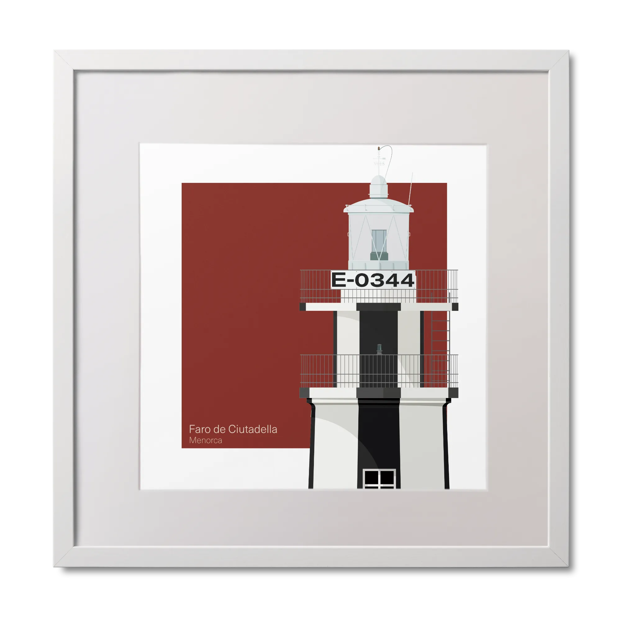 Framed artwork of a lighthouse with 'E-0344’  and black vertical strpes on a red background
