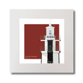 Illustration of a lighthouse with 'E-0344’  and black vertical strpes on a red background