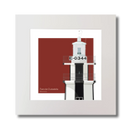 Illustration of a lighthouse with 'E-0344’  and black vertical strpes on a red background
