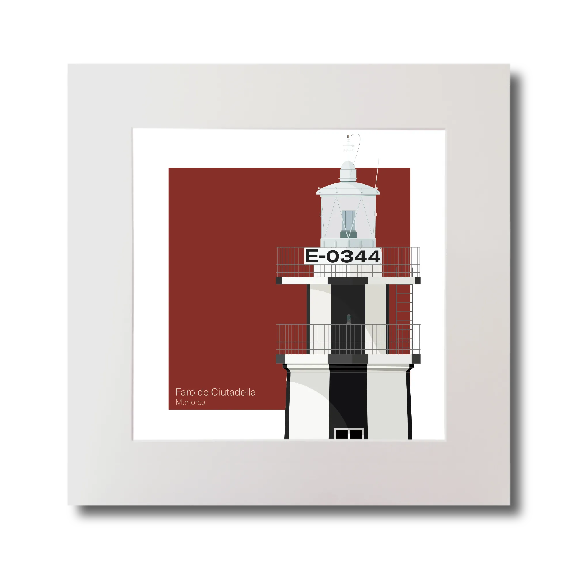 Illustration of a lighthouse with 'E-0344’  and black vertical strpes on a red background