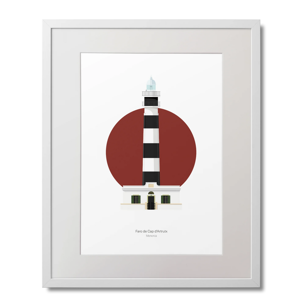 Framed artwork of a lighthouse design with a red circle and black and white striped pattern.
