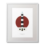Framed artwork of a lighthouse design with a red circle and black and white striped pattern.