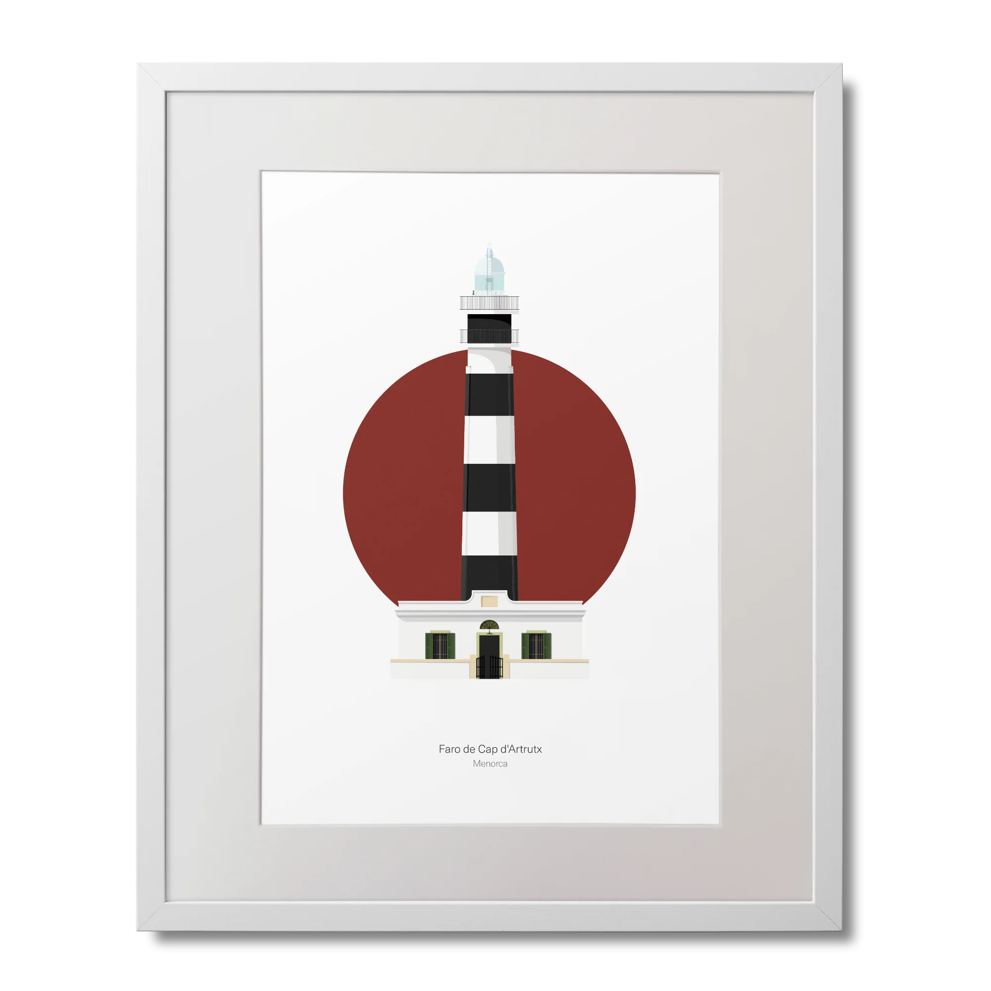 Framed artwork of a lighthouse design with a red circle and black and white striped pattern.