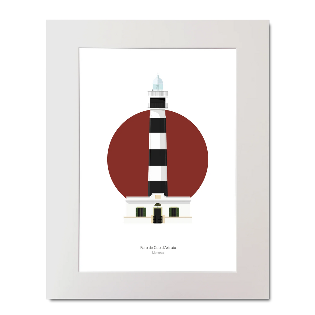 Illustrated artwork of a lighthouse design on a red circle and black and white stripes.