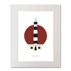 Illustrated artwork of a lighthouse design on a red circle and black and white stripes.