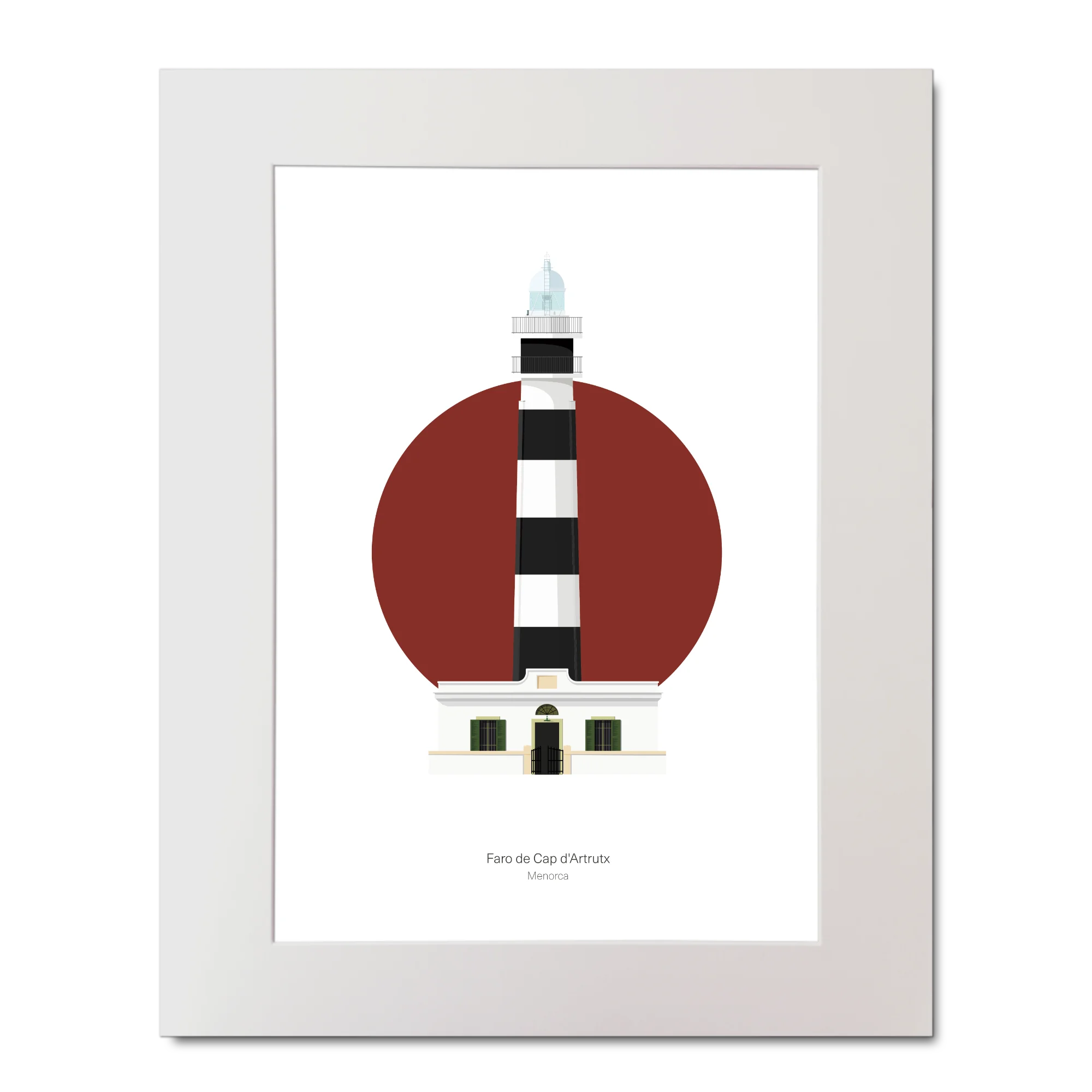Illustrated artwork of a lighthouse design on a red circle and black and white stripes.