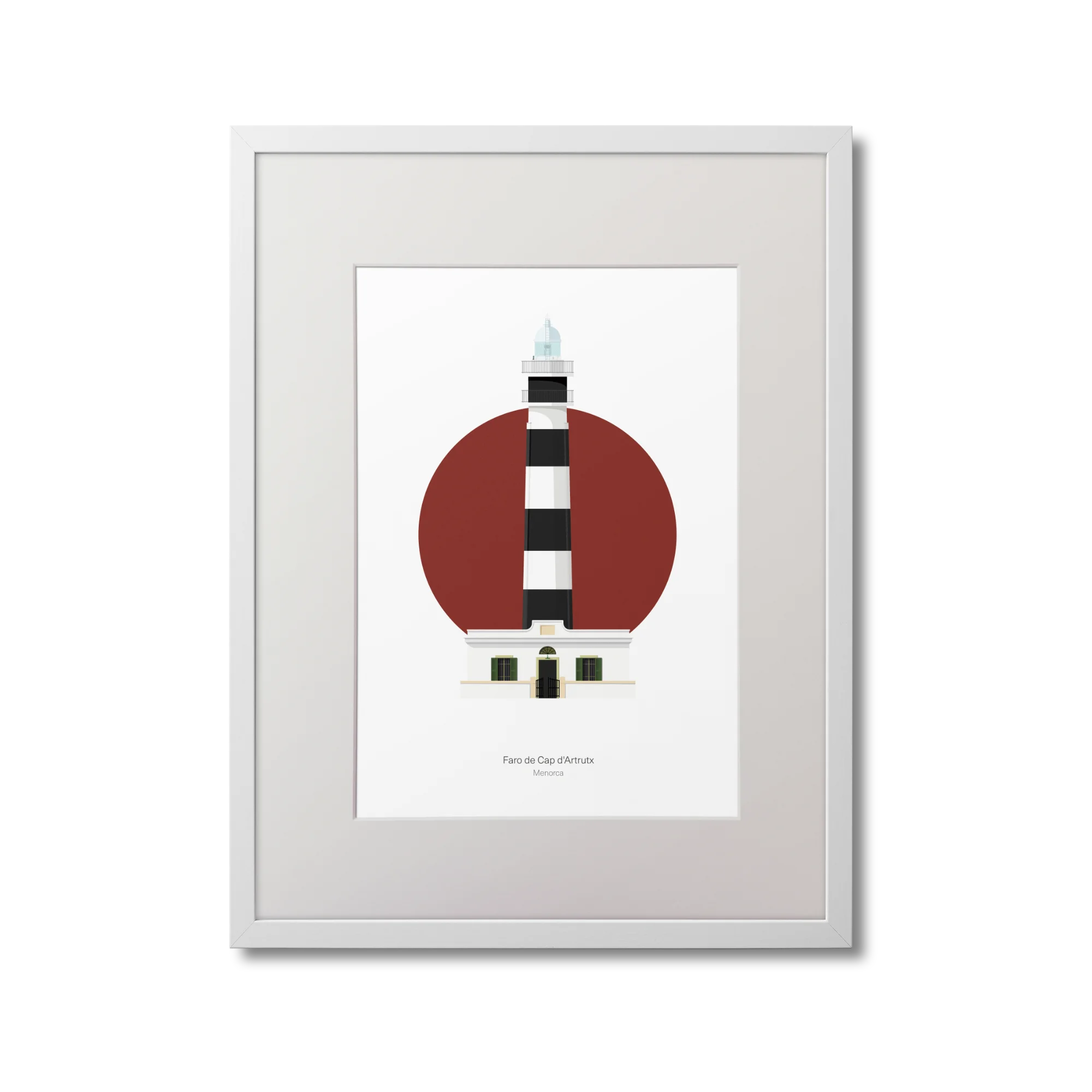 Framed artwork of a black and white striped lighthouse on a red circle and white background