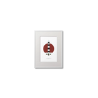 Framed artwork of a black and white striped lighthouse on a red circle and white background