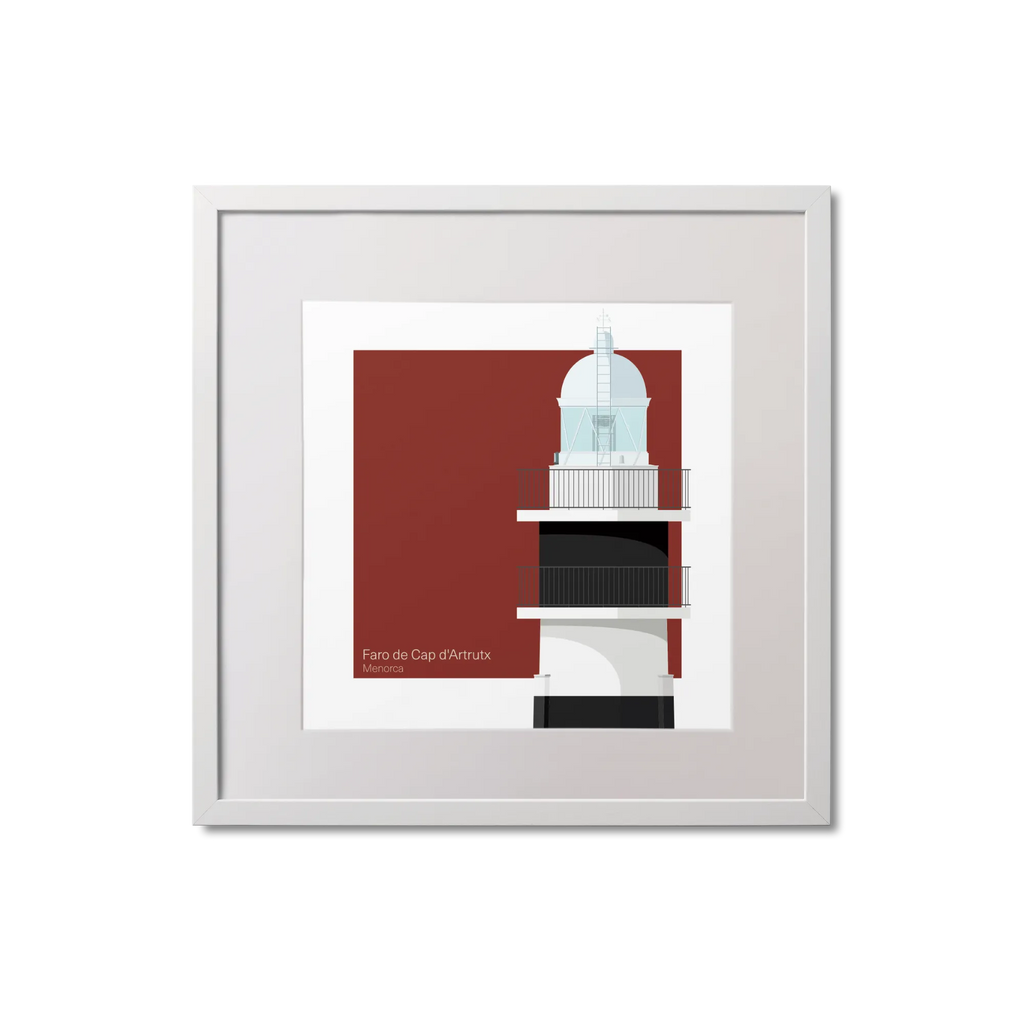 Framed artwork of a lighthouse design with black horizontal stripes on a red and white background