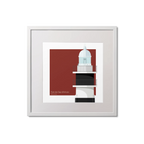 Framed artwork of a lighthouse design with black horizontal stripes on a red and white background
