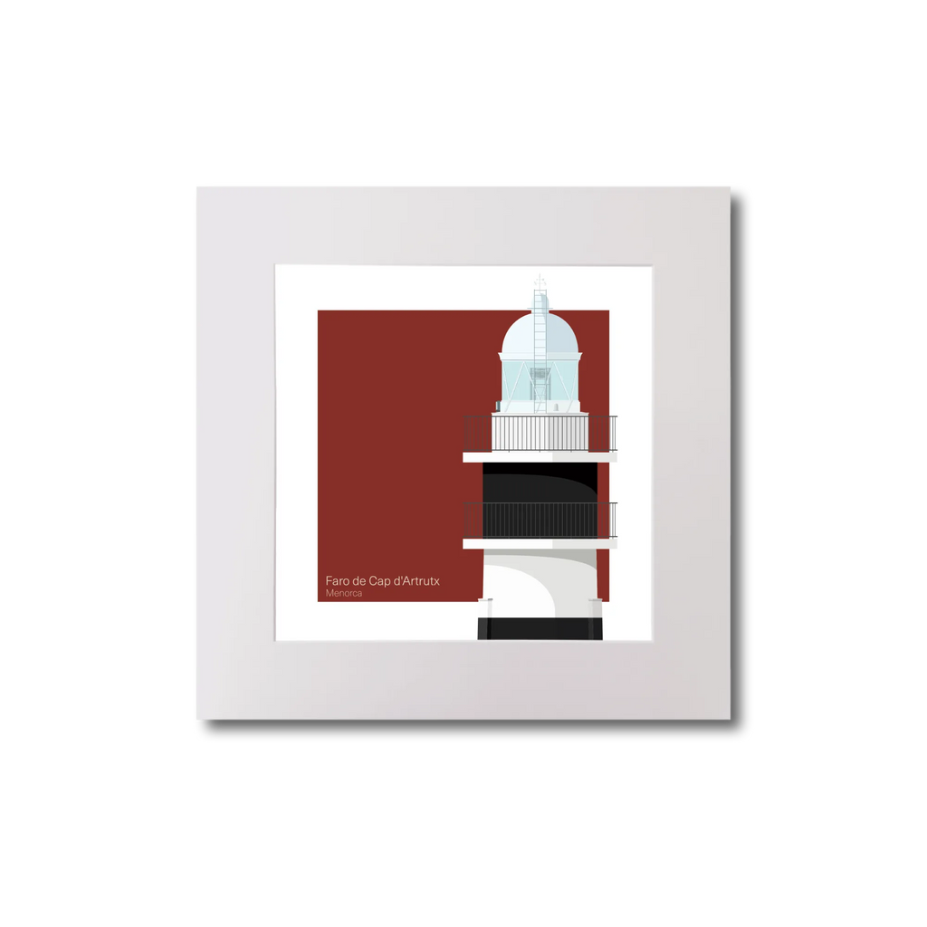 Artwork of a lighthouse with black horizontal stripes on a red background