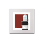 Artwork of a lighthouse with black horizontal stripes on a red background