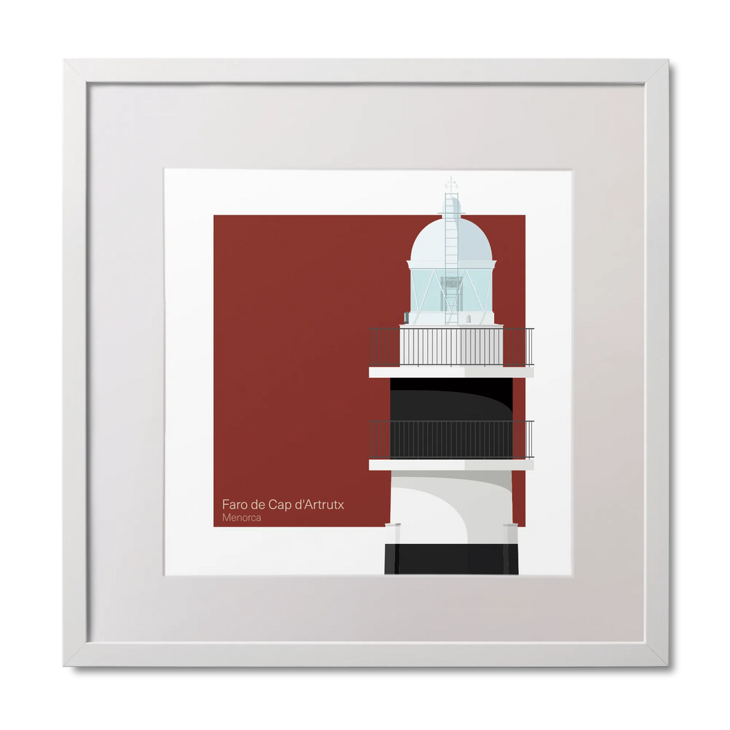 Framed artwork of a lighthouse with black horizontal stripes on a red and white background