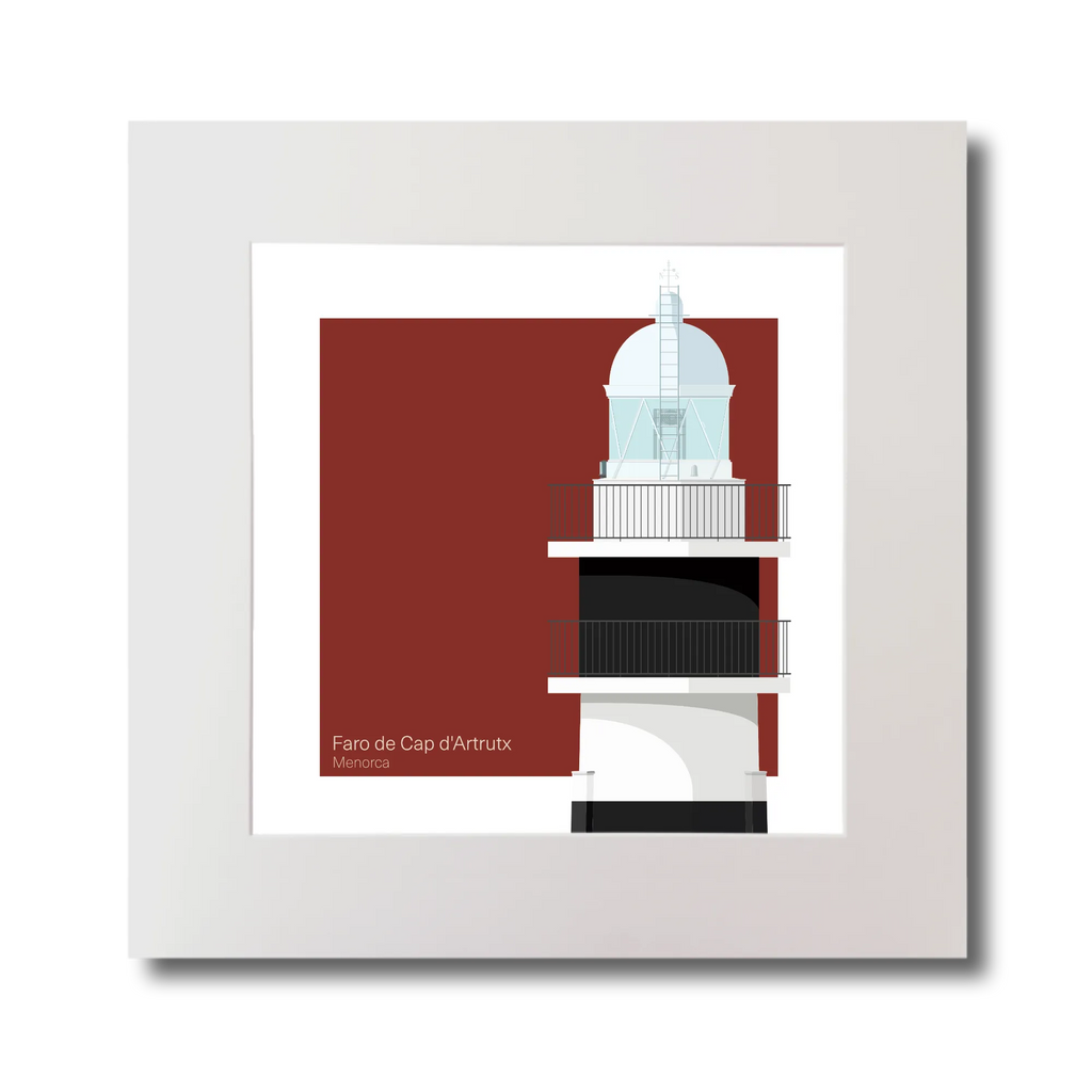 Artwork of a lighthouse design with black horizontal stripes on a red background in a white mount