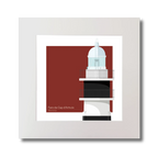 Artwork of a lighthouse design with black horizontal stripes on a red background in a white mount