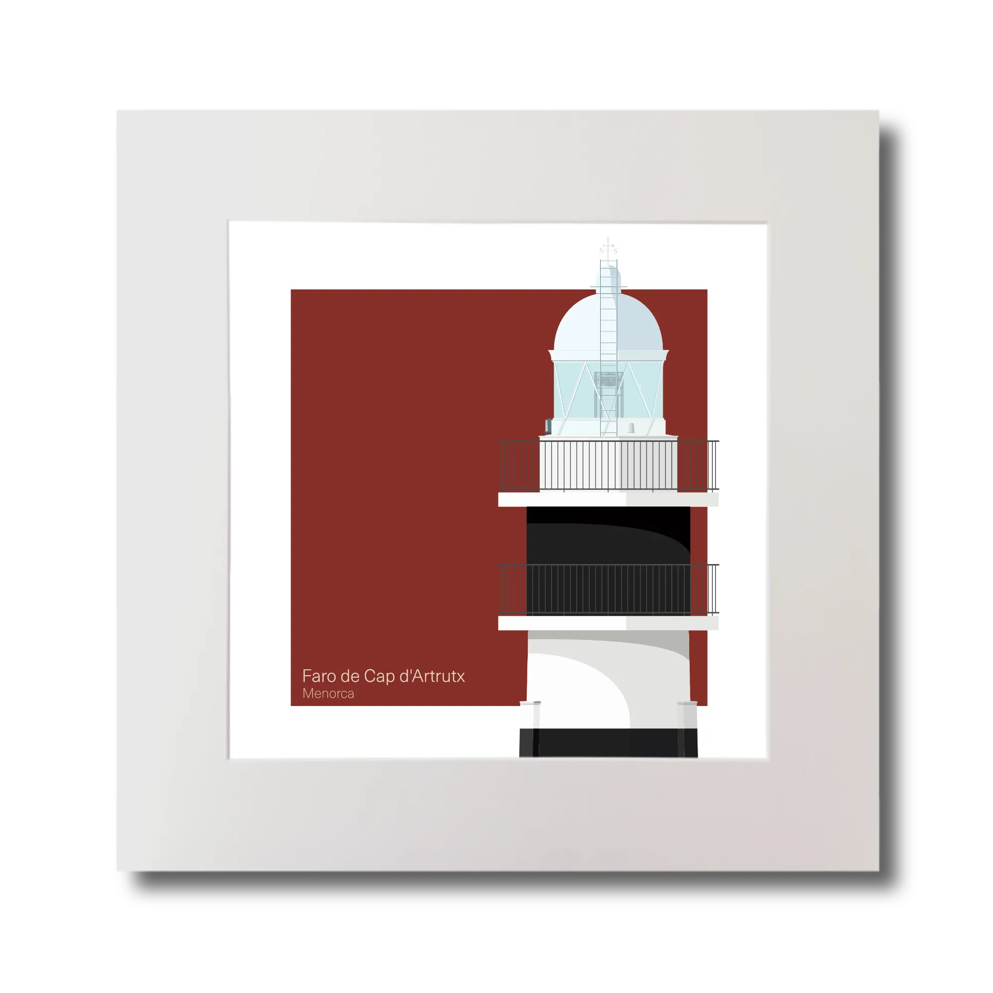Artwork of a lighthouse design with black horizontal stripes on a red background in a white mount