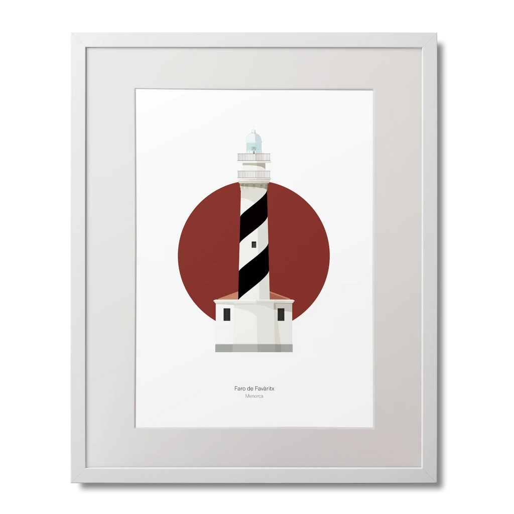 Framed artwork of a lighthouse design with a red circle on a white background