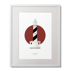 Framed artwork of a lighthouse design with a red circle on a white background