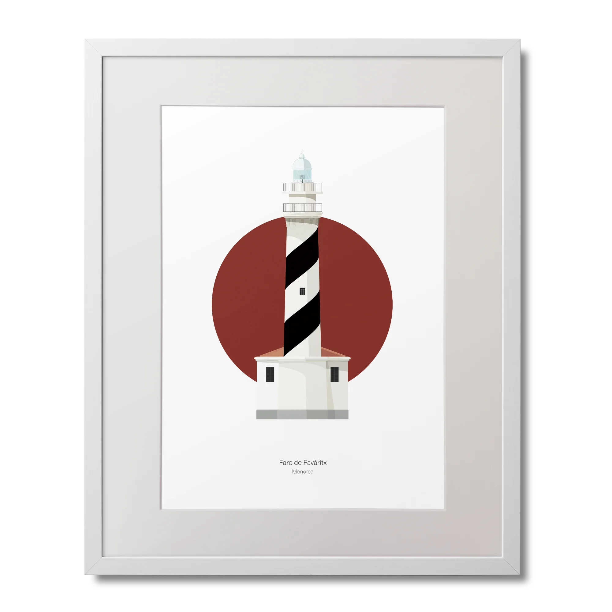 Framed artwork of a lighthouse design with a red circle on a white background
