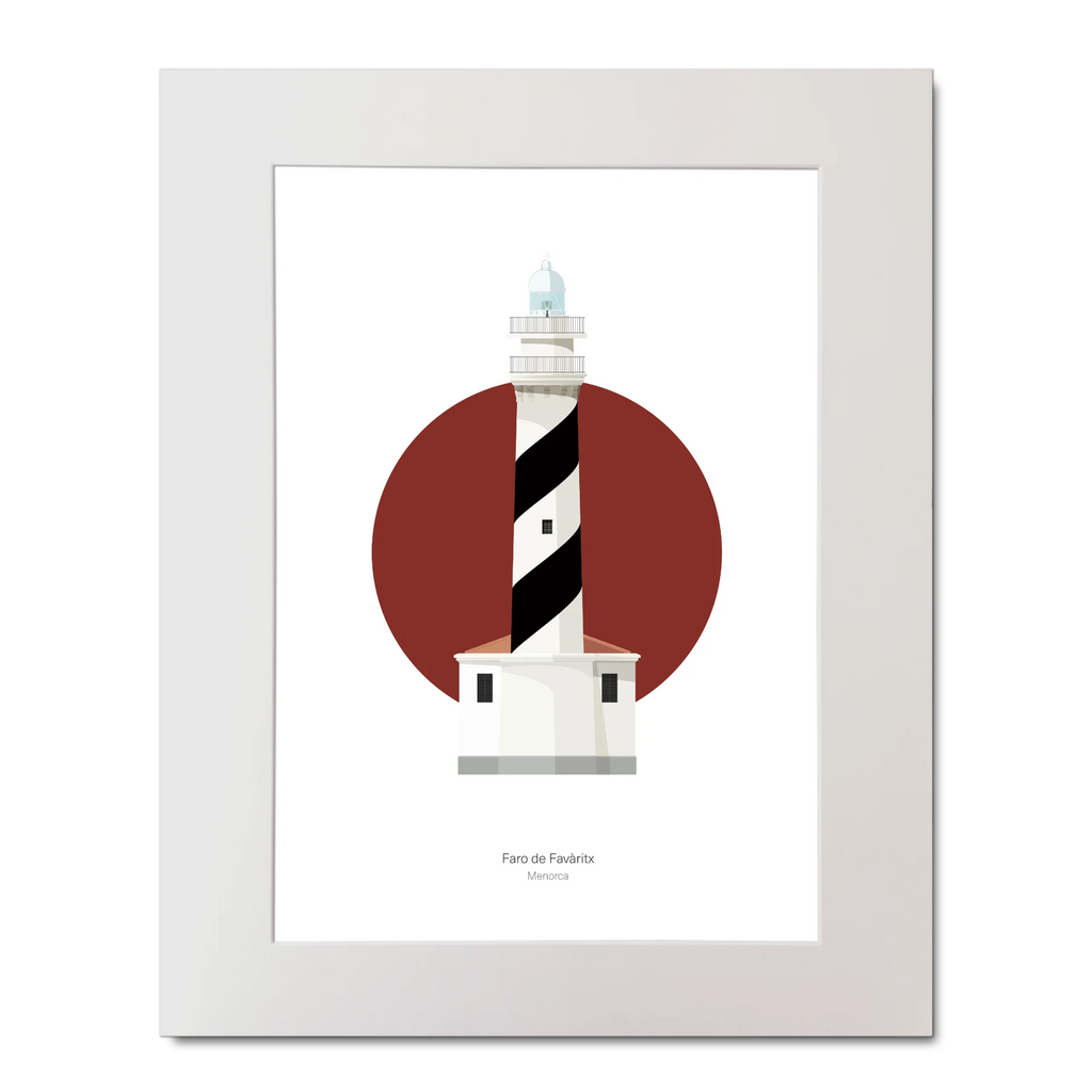 Artwork of a lighthouse design with a red circle and black and white barber pole stripes.