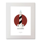 Artwork of a lighthouse design with a red circle and black and white barber pole stripes.