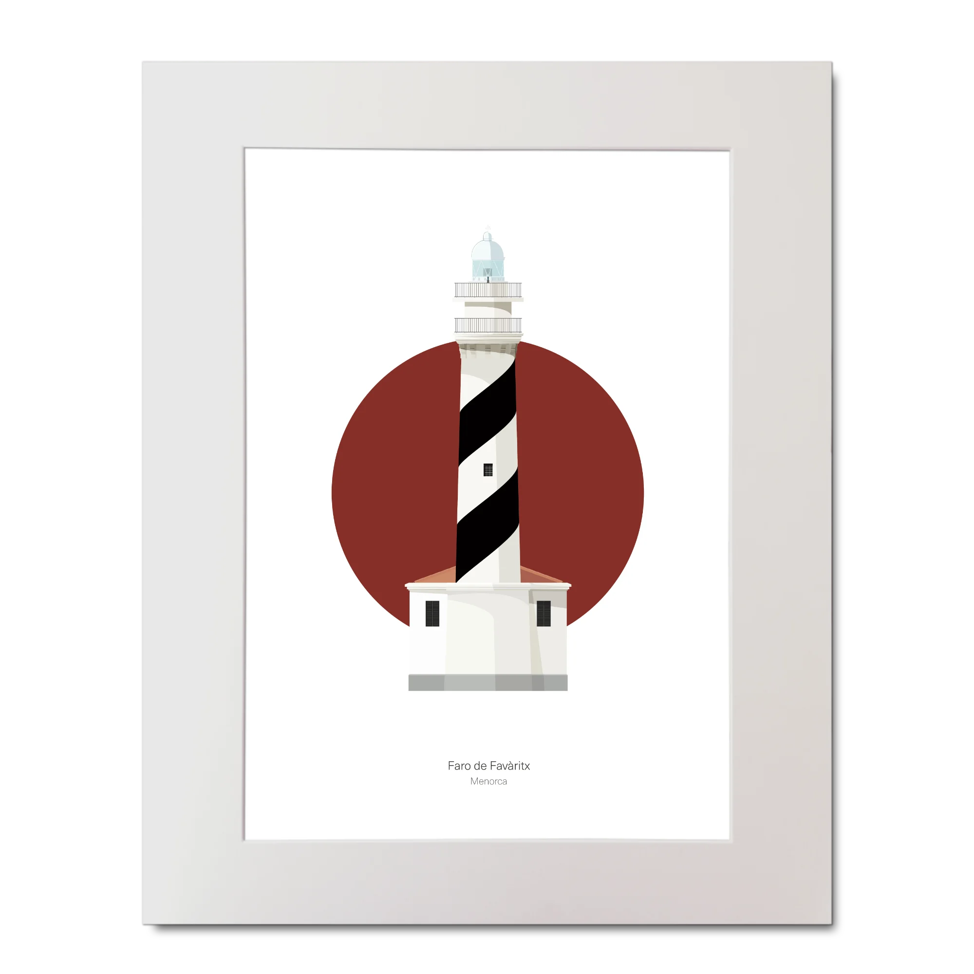 Artwork of a lighthouse design with a red circle and black and white barber pole stripes.