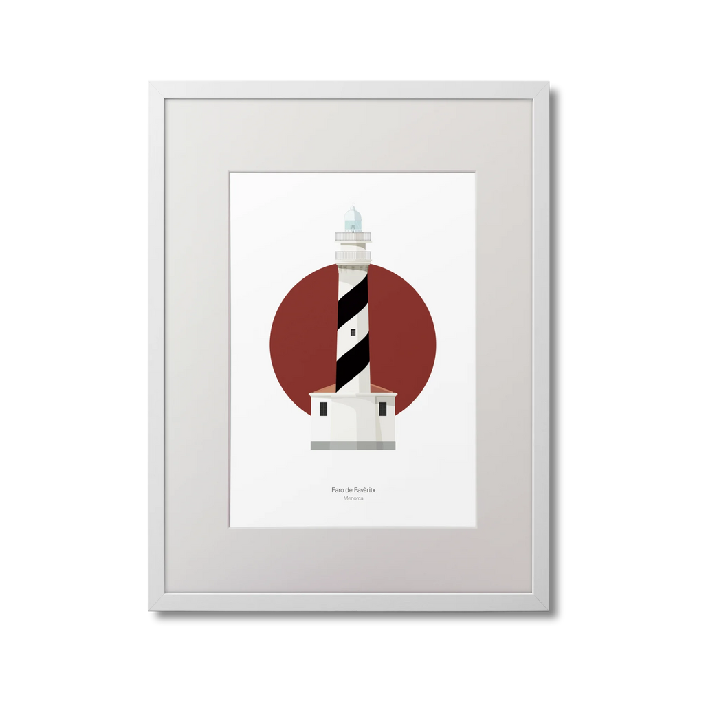 Framed artwork of a lighthouse design with a red circle and black and white barber pole pattern on a white background.