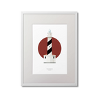 Framed artwork of a lighthouse design with a red circle and black and white barber pole pattern on a white background.