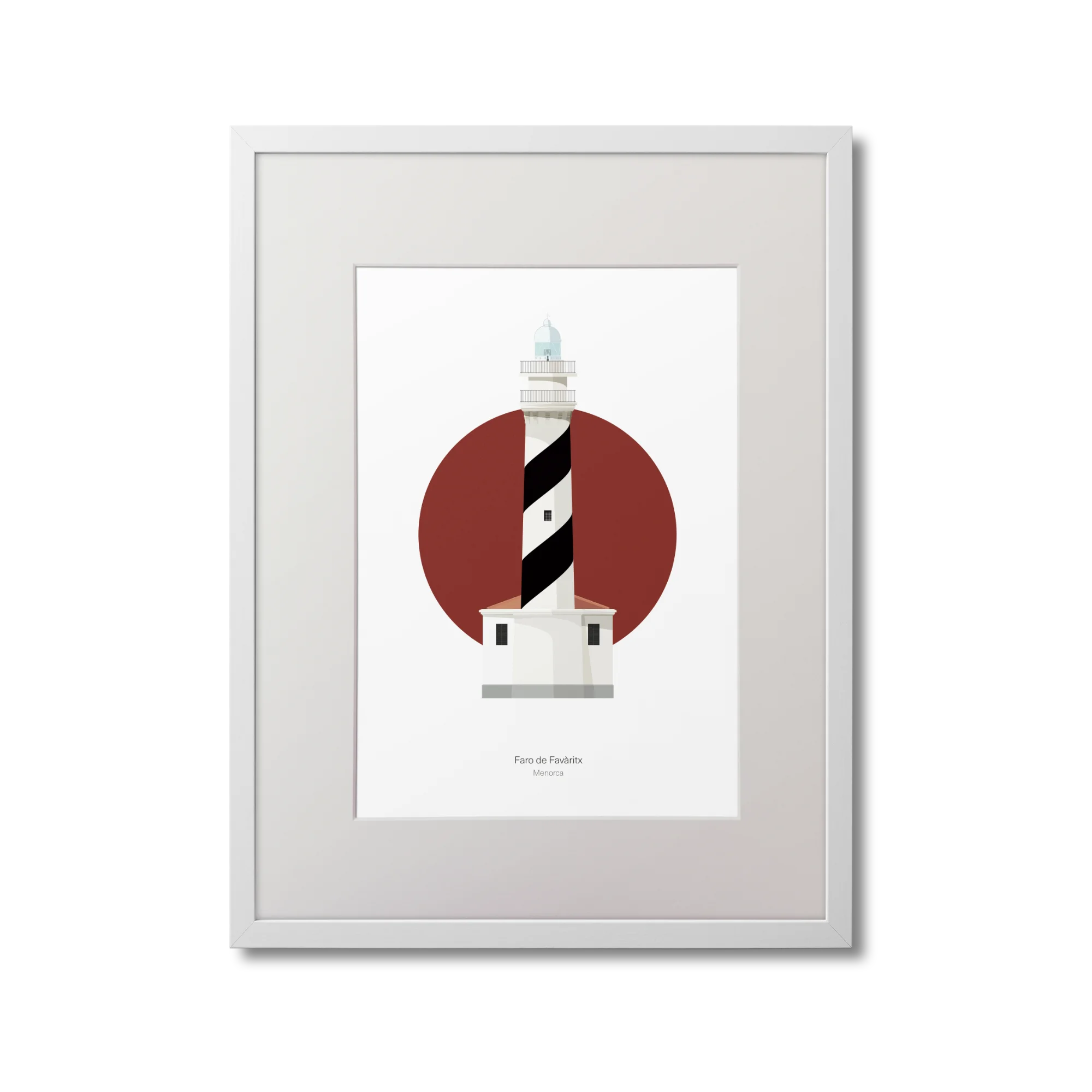 Framed artwork of a lighthouse design with a red circle and black and white barber pole pattern on a white background.